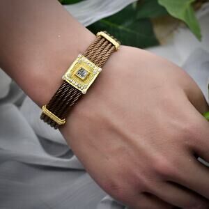 Philippe Charriol 18K Gold Diamond 5 Row Bronze Steel Cable Bangle Cuff Bracelet